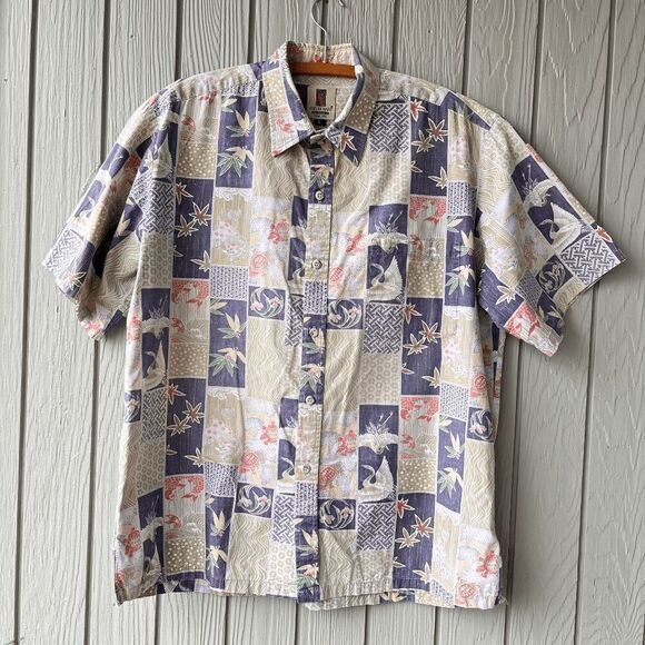 Tori Richard Hawaii Shirt L Cranes Koi Patch Print 100% Cotton Aloha - Picture 13 of 14